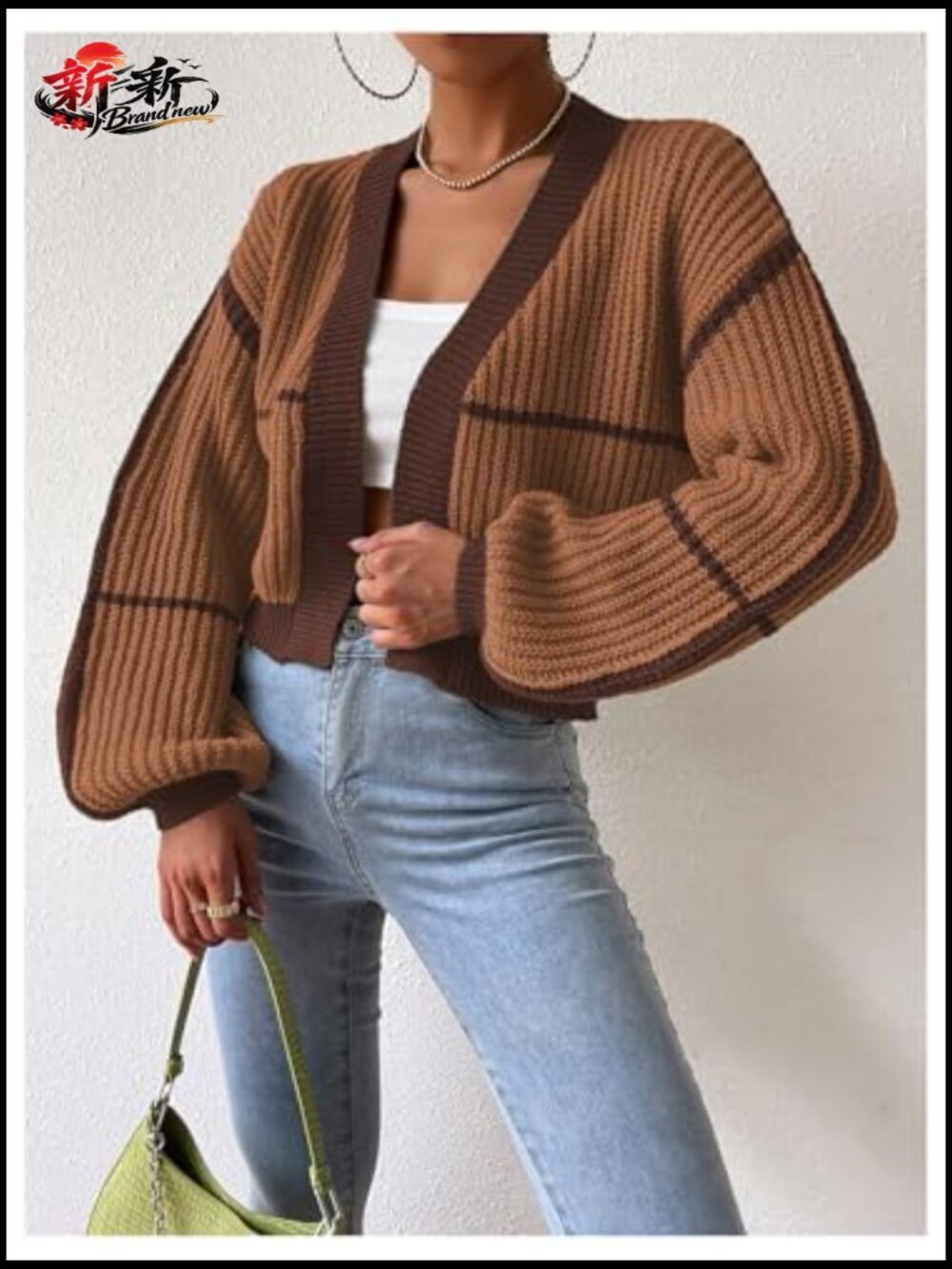 Color Block Crop Cardigan Bishop Long Sleeve Open Front Sweater - Picture 5 of 7